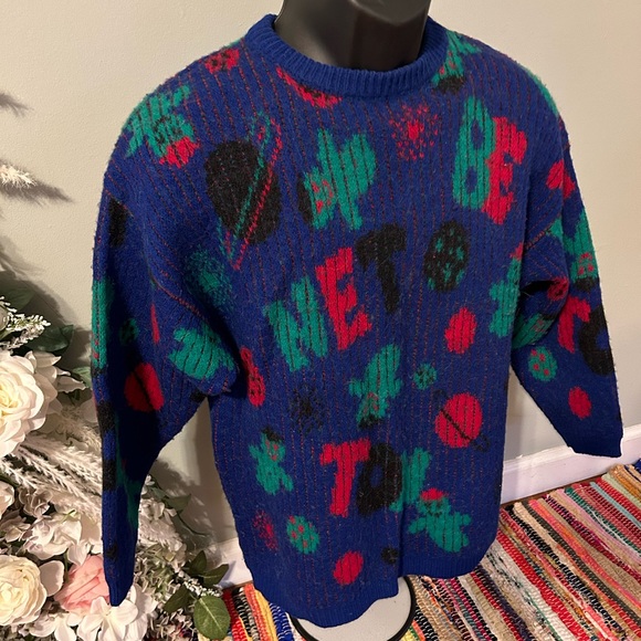 80s Benetton Ski Sweater Spellout Space Planets Ghosts Winter Medium Vintage - Picture 3 of 7